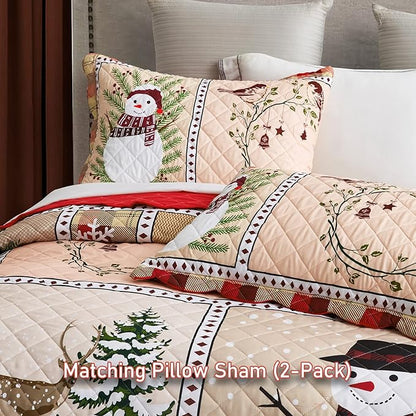 HZ & HY Christmas Oversized Bedspread Queen Size, Winter Snowman Pattern Bedding Quilt, Rustic Lodge Plaid Patchwork Comforter Set, Lightweight & Soft Microfiber, 3 Piece, Queen