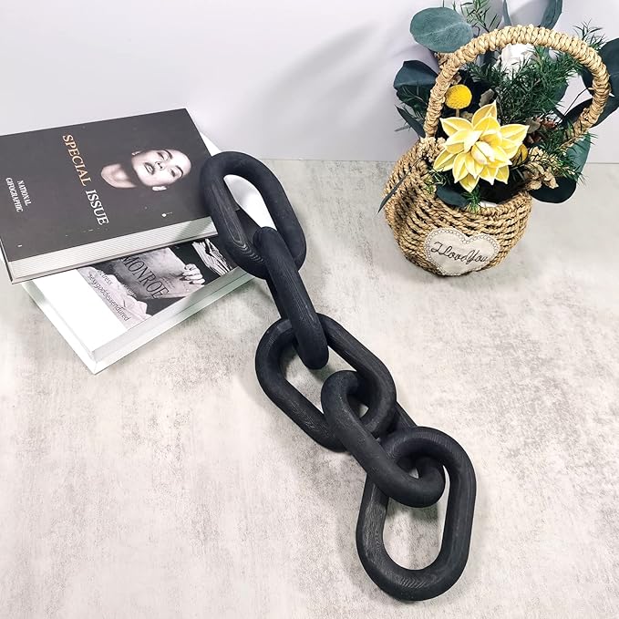 Decor Wood Knot, Home Shelf Decor, Wood Chain 3 Link Decor, Hand Carved Home Decorations for Living Room, Farmhouse Coffee Table Decor (5-Ring Black)