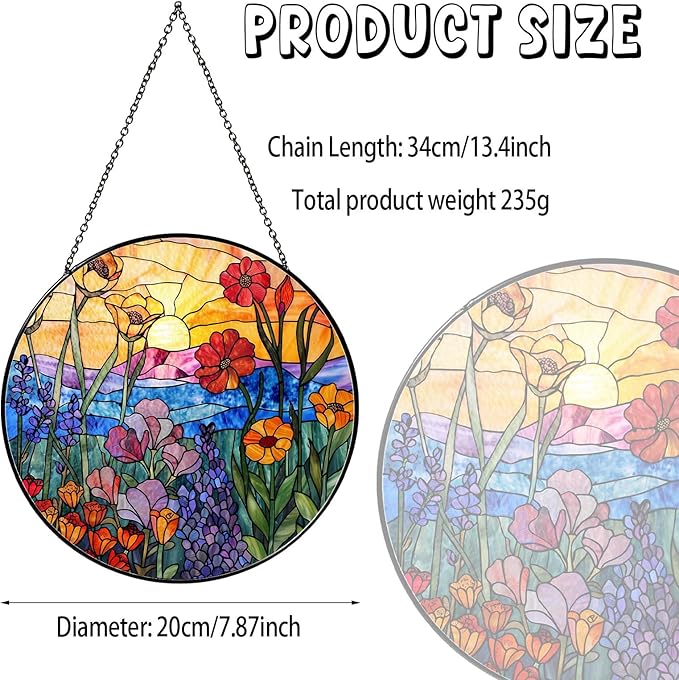 Wildflowers Stained Glass Suncatcher Hanging Window Decor, Colorful Sun Catcher for Indoor Window, Unique Gift for Women Mom Birthday Christmas Home Decoration, 7.87in