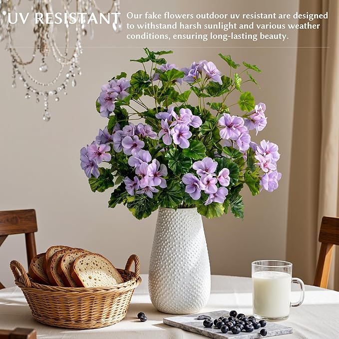 Artificial Flowers for Outdoors Artificial Geraniums for Indoor Fake Flowers 17.7In Uv Resistant Artificial Outdoor Flowers Suitable for Indoor Home Decor Outdoor Garden Decor (4PCS,Purple)