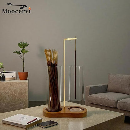 Glass Incense Holder,2 in 1 Incense Sticks Burner Holder with Storage,Hang Upside Down Incense Holder for Sticks with Glass Ash Catcher for Meditation Yoga Spa Room Decor (Brown)
