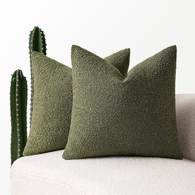 MIULEE 20x20 Inch Decorative Pillow Covers for Couch Bed Set of 2 Textured Boucle Neutral Spring Throw Pillows Olive Green Accent Solid Cushion Pillowcases Sofa Livingroom Home Decor