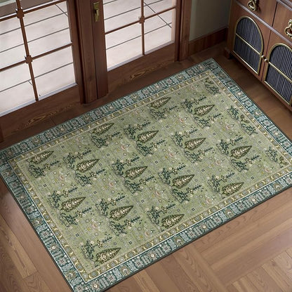 Tangsoo 2x3 Small Washable Entry Rug, Vintage Boho Green Floral Rug for Entryway Bedroom Entrance, Non Slip Soft Low Pile Door Mat Throw Carpet for Kitchen Bathroom Foyer Decor