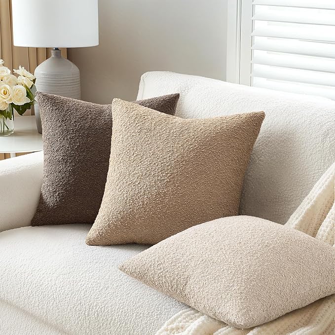 ANRODUO Pack of 2 Textured Boucle Throw Pillow Covers Soft Beige Euro Decorative Accent Solid Pillow Cases Cozy Modern Couch Cushion Case for Chair Sofa Bedroom Living Room Home Decor, 24 x 24 Inch
