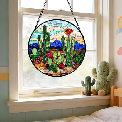 DASTOLL Stained Glass Window Hanging, Green Cactus Suncatcher for Doors Window Home Plant Landscape Sun Catchers Decoration Mother's Day Birthday Gifts for Women, Men, and Mom 15 in