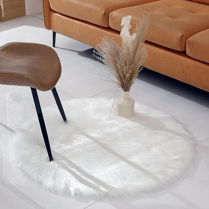 Faux Fur Rug Sheepskin Shag Fluffy Fuzzy White 3x3 ft Rugs for Bedroom Bedside Bed Floor Living Room Plush Round High-Density Cushion Carpet Super Sofa Cover