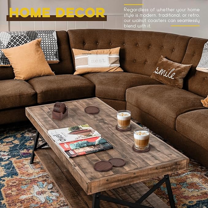 Wood Coasters with Holder, GOH DODD Set of 6 Walnut Wooden Coaster Tabletop Protection for Drinks Coffee Table Home Kitchen Office Bar Living Room Decor Housewarming Gifts Wedding Party