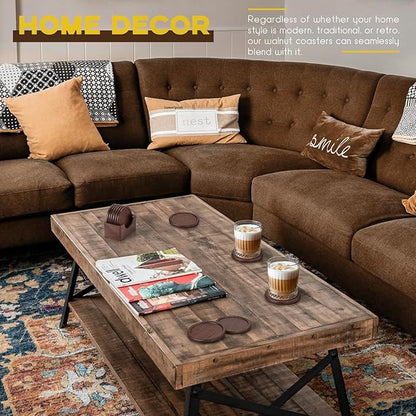 Wood Coasters with Holder, GOH DODD Set of 6 Walnut Wooden Coaster Tabletop Protection for Drinks Coffee Table Home Kitchen Office Bar Living Room Decor Housewarming Gifts Wedding Party