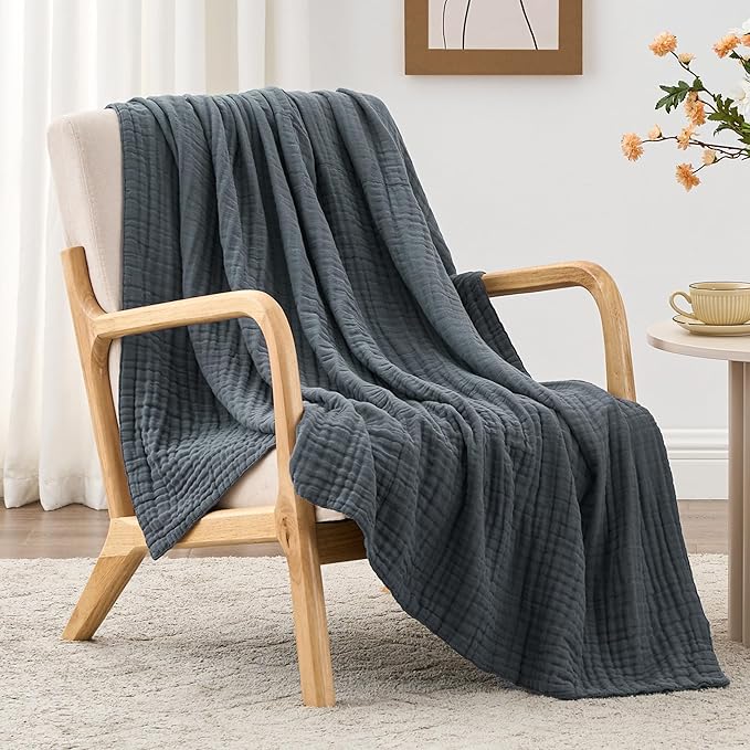 Love's cabin 6 Layer 100% Cotton Muslin Blanket, 60"x80" Twin Muslin Blanket for Couch Bed, Lightweight and Breathable Cotton Gauze for Adult, Dark Grey