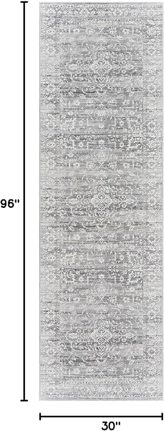 Washable Runner Rug, 2.5'x8' Vintage Kitchen Runners Non-Slip Foldable Hallway Runner Rug for Entryway, Laundry, Bedroom, Grey