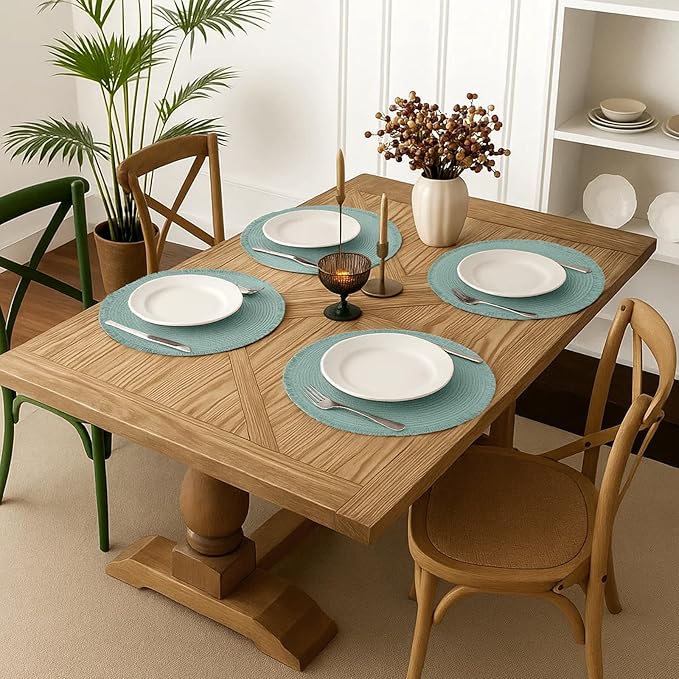15 Inch Set of 6 Round Woven Placemats Braided Paper Heat Resistant Table Mats with Fringe Tassel Boho Indoor Outdoor Table Placemats for Dining Tables (Turquoise)