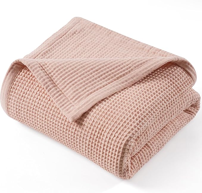 PHF 100% Cotton Waffle & Muslin Blanket Queen Size, Soft Breathable Luxury 400GSM Versatile Reversible Bedding for Bed, Great for Layering in Cold Weather, Home Decor Gift, 90" x 90", Rose Smoke