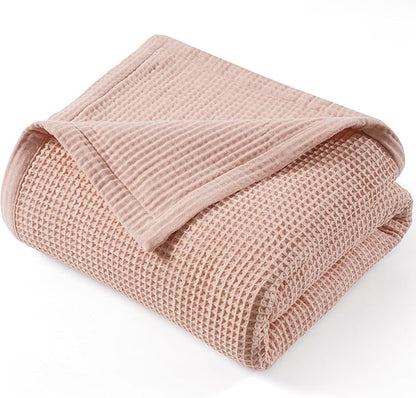 PHF 100% Cotton Waffle & Muslin Blanket Twin Size, Soft Breathable Luxury 400GSM Versatile Reversible Bedding for Bed, Great for Layering in Cold Weather, Home Decor Gift, 66" x 90", Rose Smoke