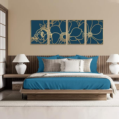 Glamativity Large 4 Pack Gold Wall Art, Minimalist Decor, Real Metal, Nature Floral Abstract, for Bedroom, Living Room, Bathroom (Gold Blossom Style, L Size 22.5 x 15.7'')