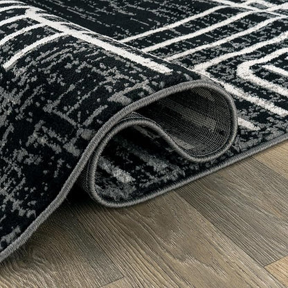 Rugshop Black and White Geometric Area Rug – Abstract Curved Line and Square Pattern Carpet for Living Room, Bedroom, or Office – Contemporary Soft Floor Décor 2' 3" x 4' Black