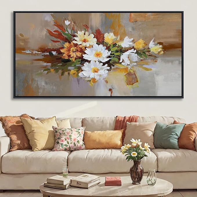 Yellow Floral Wall Art - Large Abstract Wall Art Canvas for Bedroom and Living Room - Framed Pictures for Living Room Wall Decor - Modern Artwork for Bedroom Above Bed 29×58IN
