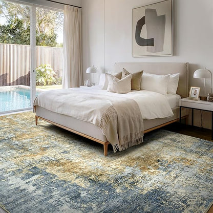 Area Rug Living Room Rugs - 9x12 Modern Abstract Soft Indoor Neutral Washable Rug Stain Resistant Non-Slip Low Pile Carpet for Bedroom Dining Room Home Office - Blue/Grey/Yellow