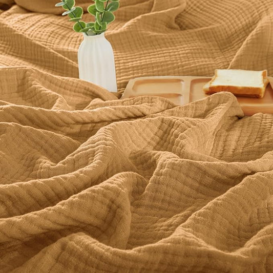 PHF 100% Cotton Muslin Throw Blanket 50" x 60", 4-Layer Lightweight Gauze Throw, Breathable Cloud-Soft Minimalist Blanket for Bed, Couch, Camping & Baby, Amber, Ideal Gift