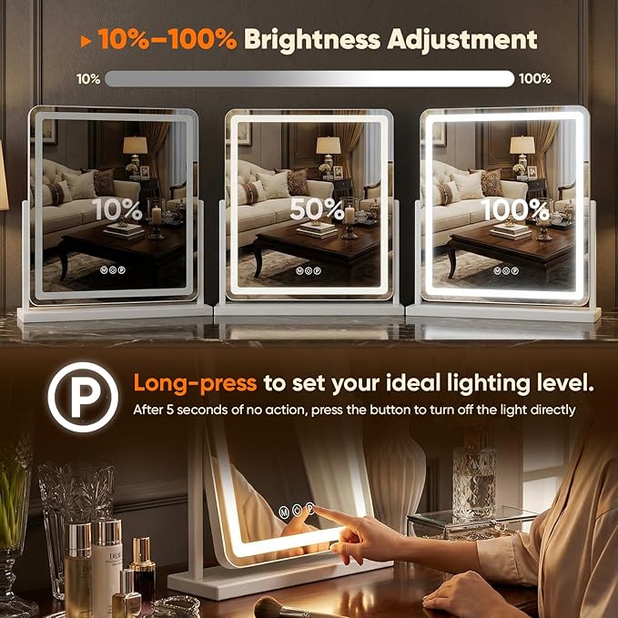 Antok Vanity Mirror with Lights, 14"X18" Lighted Makeup Mirror, Smart Touch, 3 Color Modes and Brightness Adjustable, LED Vanity Mirror with Detachable 10X Magnification, 360° Rotation for Makeup Desk
