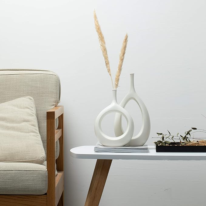 Kimisty Nordic Ceramic Vase Set 2, White Modern Minimalist Bud Vase, Hollow Vase Decor, Sculpture Decor, Fire Place Decoration, Mid Century, Abstract Design
