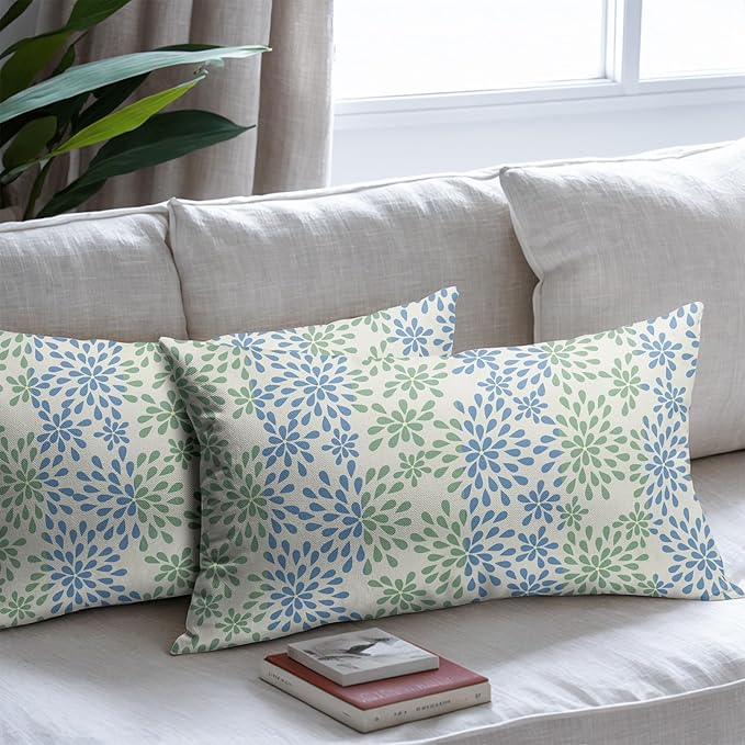 Blue Green Lumbar Pillow Covers 12x20 Set of 2 Modern Geometry Dahlia Floral Print Outdoor Decorative Linen Zipper Throw Pillows Cases Cushion Cover Rustic Decoration Farmhouse Sofa Couch Bed Decor