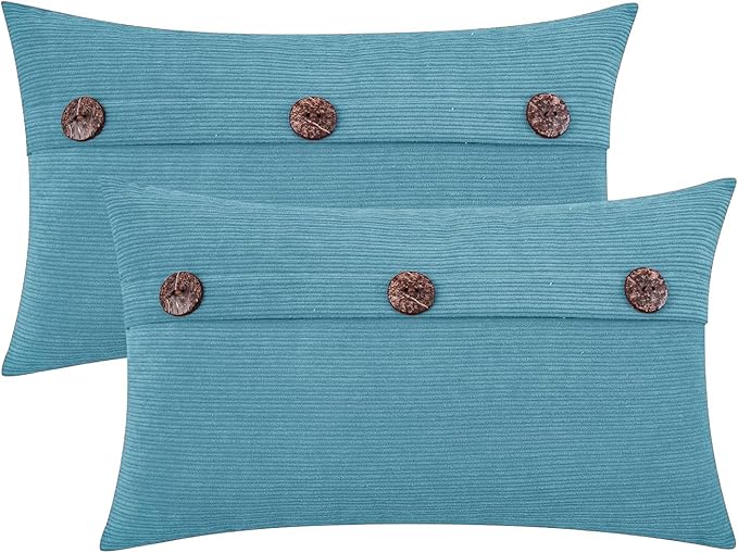 HWY 50 Smoke Blue Chenille Throw Pillow Covers 12x20 Inch with Triple Buttons, Soft Farmhouse Accent Decorative Cushion Cases for Couch Sofa Bed Living Room Pack of 2 Rectangle