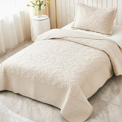 MarCielo 3-Piece 100% Cotton Oversized Bedspread Lightweight Quilt Coverlet Embroidery Farmhouse Bedding Set T0 (Yellowish Beige, Twin (68"x86"))