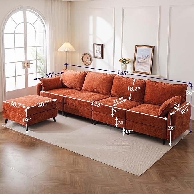 135'' Modular Sectional Sofa with Seats Storage, Oversized L Shaped Couch with Deep Seat,4-Seater Comfy Cloud Couches for Living Room,Movable Ottoman,2 Throw Pillow,Chenille,Orange