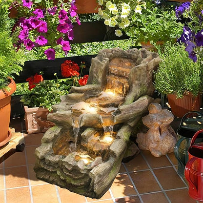 34.25" L Outdoor Water Fountain with 3 Tiers Large Cascading Realistic Tree Trunk Waterfall Fountains with LED Lights Outdoor Water Fountain for Garden Patio Backyard Porch Home Decor