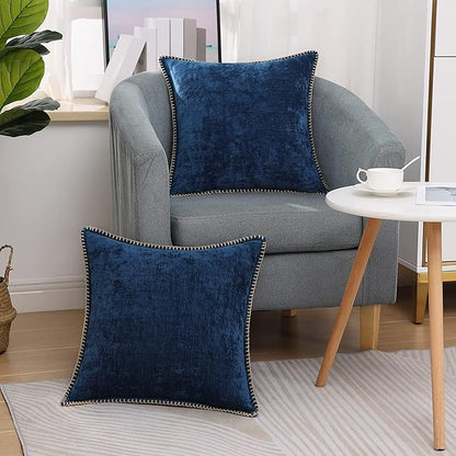 decorUhome Spring Chenille Soft Throw Pillow Covers 24x24 Set of 2, Farmhouse Velvet Neutral Decorative Euro Sham Pillow Covers with Stitched Edge for Couch Sofa Bed Home Decor, Poseidon