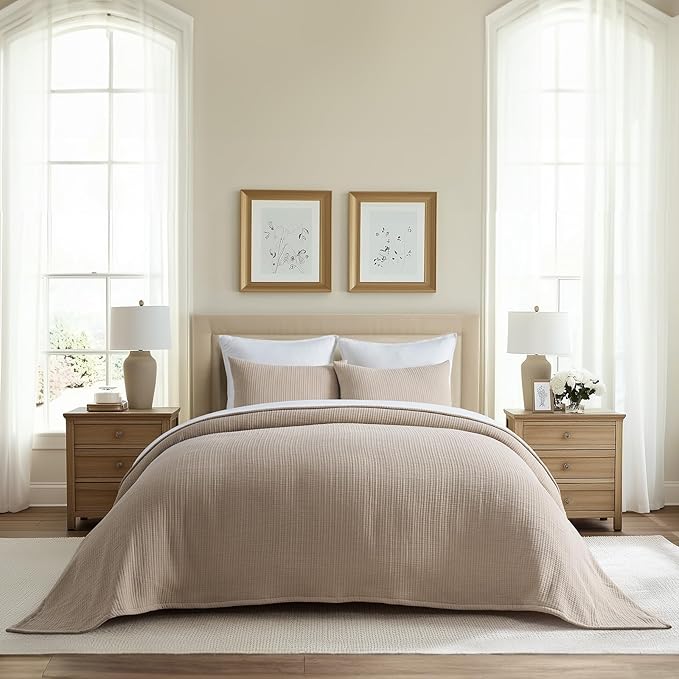 EVERGRACEHOME Cotton Gauze King Bedspread, Ultra Soft Prewashed Pick Stitch Matelassé Coverlet, Lightweight Textured Oversized King Quilt Bedding Set for All Season, with 2 Shams, Tan