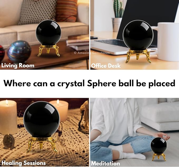Amazing Gemstone Black Obsidian Crystal Ball with Stand - 1.5" Inches Crystal Sphere Meditation Balls for Witchcraft and Decorative Balls