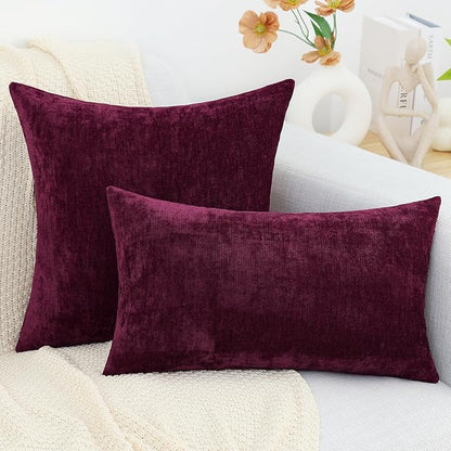 decorUhome Chenille Burgundy Spring Throw Pillow Covers 16x16 Inch Set of 2, Decorative Soft Couch Pillow Covers Solid Dyed Accent Farmhouse Neutral Square Pillow Cases for Sofa