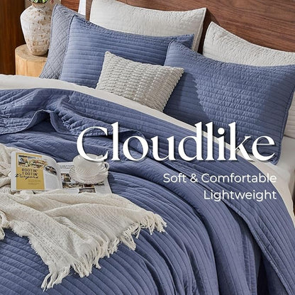 DOWN HOME Twin Quilt Bedding Set with Sham, Vintage Washed Soft Quilted Blanket Thin Comforter Lightweight Bedspread Coverlet Bed Cover, Brushed Microfiber Stripe Stitching, Vintage Denim, 66"x92"