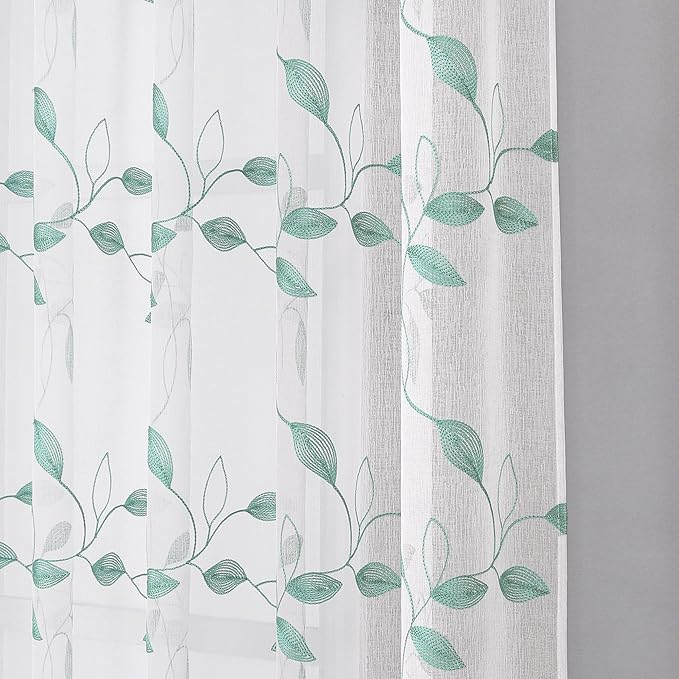 Tollpiz Teal Blue Leaf Sheer Curtain Leaves Embroidered Bedroom Short Curtains Rod Pocket Voile Window Treatments for Living Room, 38 x 45 inches Long, Set of 2 Panels
