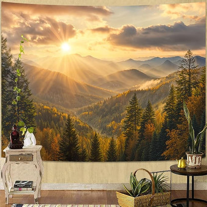 kampdream Landscape Tapestry, Scenery Art Wall Tapestries, Nature Wall Decor for Bedroom Living Room Backdrop Warm Sunset Mountain 60×80 inches
