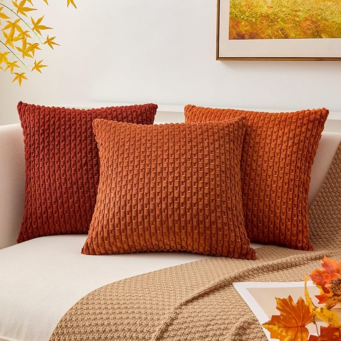 Kevin Textile Fall Throw Pillow Covers Soft Corduroy Decorative Set of 2 Boho Striped Pillow Covers Pillowcases Farmhouse Home Decor for Couch Bed Sofa Living Room 24x24 Inch Rust Brown