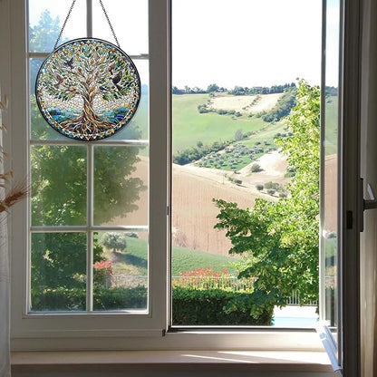 Tree of Life with Birds Sun Catcher RVEAFA Stained Glass Window Hanging Birds Lover Gifts for Women Wall Decor Handmade Sun Catcher Decoration for Garden Home Housewarming Gifts（20 * 20cm