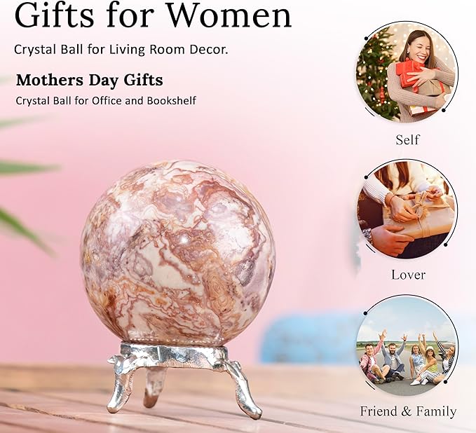 Crocon 45mm Rosetta Jasper Stone Sphere Ball with Metal Stand 1400+ Carats Gemstone Ball Healing Sphere Sculpture Figurine for Fengshui Divination Home Decoration Photography Crystal Sphere