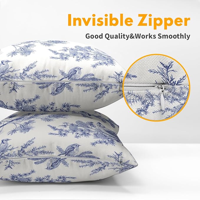 White Blue Bird Pillow Covers 20x20 Set of 2 Decorations Chinoiserie Vintage Throw Pillow Covers Decor Rustic Pillowcases Oriental Pattern Farmhouse Cozy Soft for Sofa Bed Chair Home Decorative