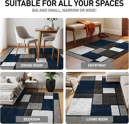 Rugshop Modern Geometric Boxes Navy Area Rug, Non-Shedding Carpet for Entryway, Bathroom, or Small Space, 2' x 3'