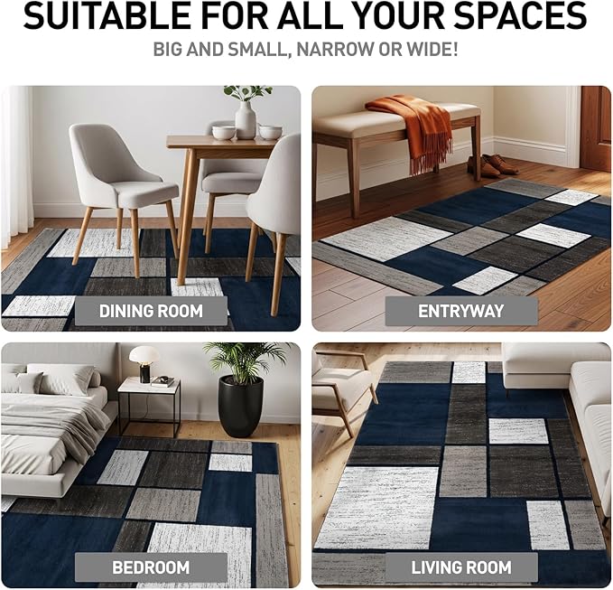 Rugshop Modern Geometric Boxes Navy Area Rug, Fade-Resistant Carpet for Large Living Room, Bedroom, or Open Space, 10' x 14'