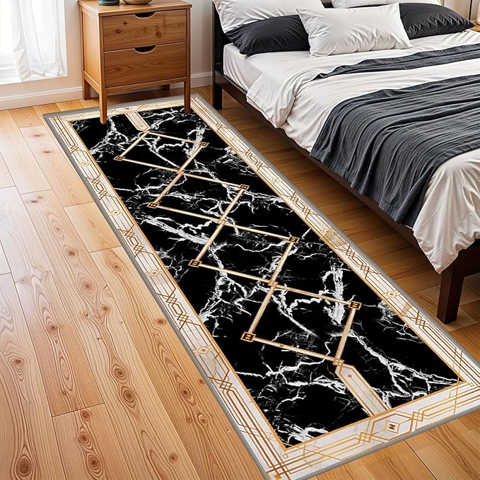 Abstract Marble Texture Throw Carpet Runner for Entrance, 3.3x7ft, Luxury Gold Geometric Line Bedroom Rug, Dirty Resistant Absorbent Bathroom Decor Washable Area Carpet for Office