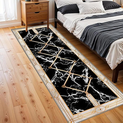 Abstract Marble Texture Throw Carpet Runner for Entrance, 3.3x7ft, Luxury Gold Geometric Line Bedroom Rug, Dirty Resistant Absorbent Bathroom Decor Washable Area Carpet for Office