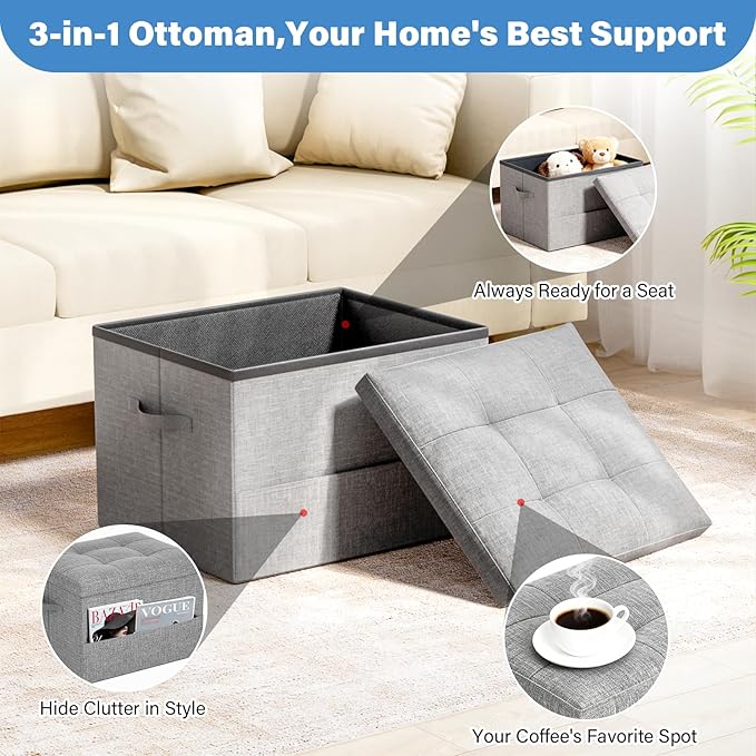 Storage Ottoman Foot Rest Stool, Foldable Footstool Storage Bench with Thicker Foam Padded Seat,Foot Rest Stool, 43L Ottoman with Bench, Holds Up to 350lbs, 17x13x13in,Drak Gray