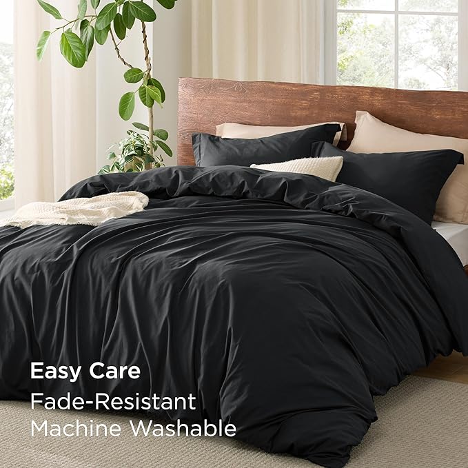Bedsure 100% Washed Cotton Duvet Cover King Size - Black Minimalist Cotton Duvet Cover Linen Like for All Seasons - GentleSoft™ Plain Simple Bedding (Black, King, 104"x90")