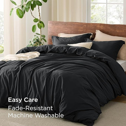 Bedsure 100% Washed Cotton Duvet Cover King Size - Black Minimalist Cotton Duvet Cover Linen Like for All Seasons - GentleSoft™ Plain Simple Bedding (Black, King, 104"x90")