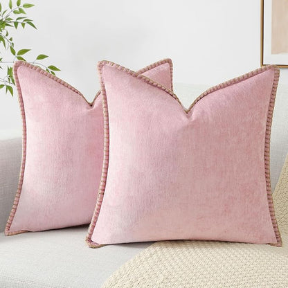 decorUhome Spring Chenille Soft Throw Pillow Covers 26x26 Set of 2, Farmhouse Velvet Neutral Decorative Euro Sham Pillow Covers with Stitched Edge for Couch Sofa Bed Home Decor, Blush Pink