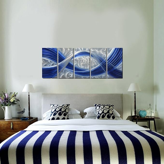 MyArton Metal Wall Sculpture, Aluminum Wall Art, Abstract Metal Wall Art, Dark Blue and Silver, 5-Panels 65" x 24" for Living Room, Bed Room, Dining Room, Kitchen, Office, Indoor and Outdoor