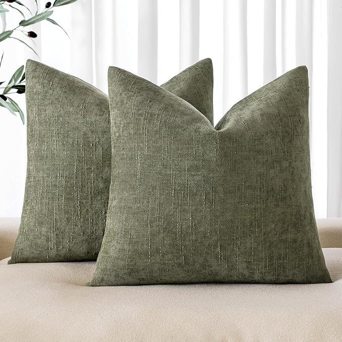 MIULEE Pack of 2 Decorative Throw Pillow Covers Soft Chenille Christmas Throw Pillows Solid Textured Cushion Covers for Spring Couch Sofa Bedroom Living Room 20x20 Inch, Olive Green